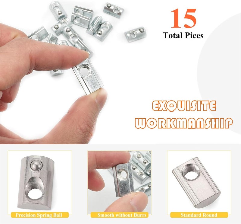 Matrelt 15-Piece 5/16"-18 Spring-Loaded T-Nuts with Ball Bearings Silver Zinc Plated Carbon Steel Spring T Slot Nut for 4040 Series/Slot 8 Aluminum Extrusions - Image 4